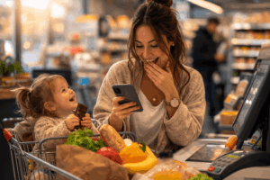 Frau mit Baby und Einkaufswagen
