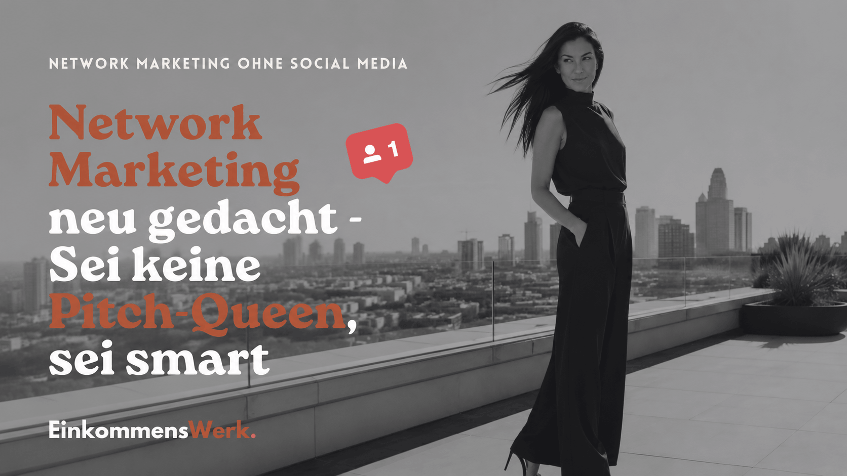 KI generiertes Bild mit einer Frau und dem Text Network Marketing neu gedacht